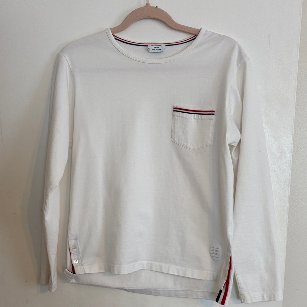 Thom Browne White Ling Sleeve Shirt with Tri-color Detailing. Size L.